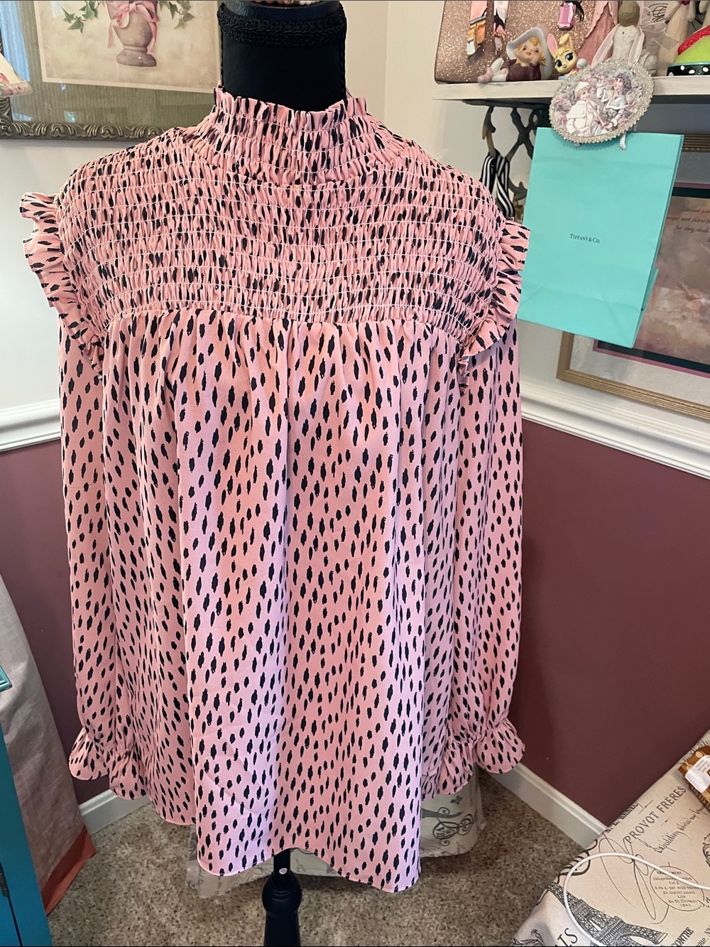 Pink Smocked High-Neck Blouse with Black Dot Print Mazik